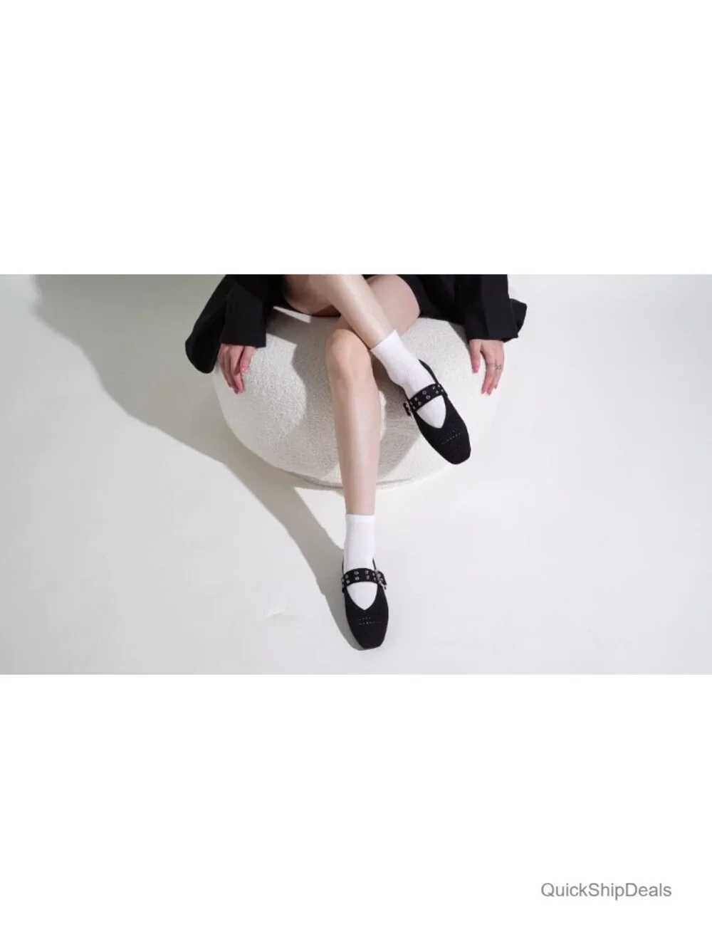 Women's Square Toe Knit Ballet Flats with Buckle Strap - Comfortable Casual